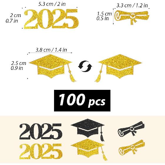 100 шт. Конфетти на выпускной для стола 2025 Большие Блестящие Черно-Золотые Конфетти для Выпускного Вечеринки Настольные Украшения