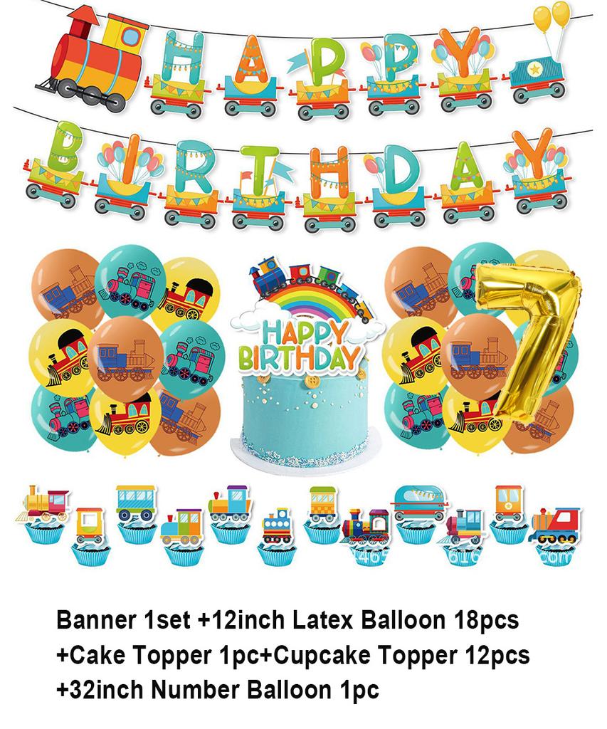 Cartoon Train Theme Birthday Party Decoration Number Balloons Cake Topper Transportation Vehicles Backdrop Banner Party Supplies