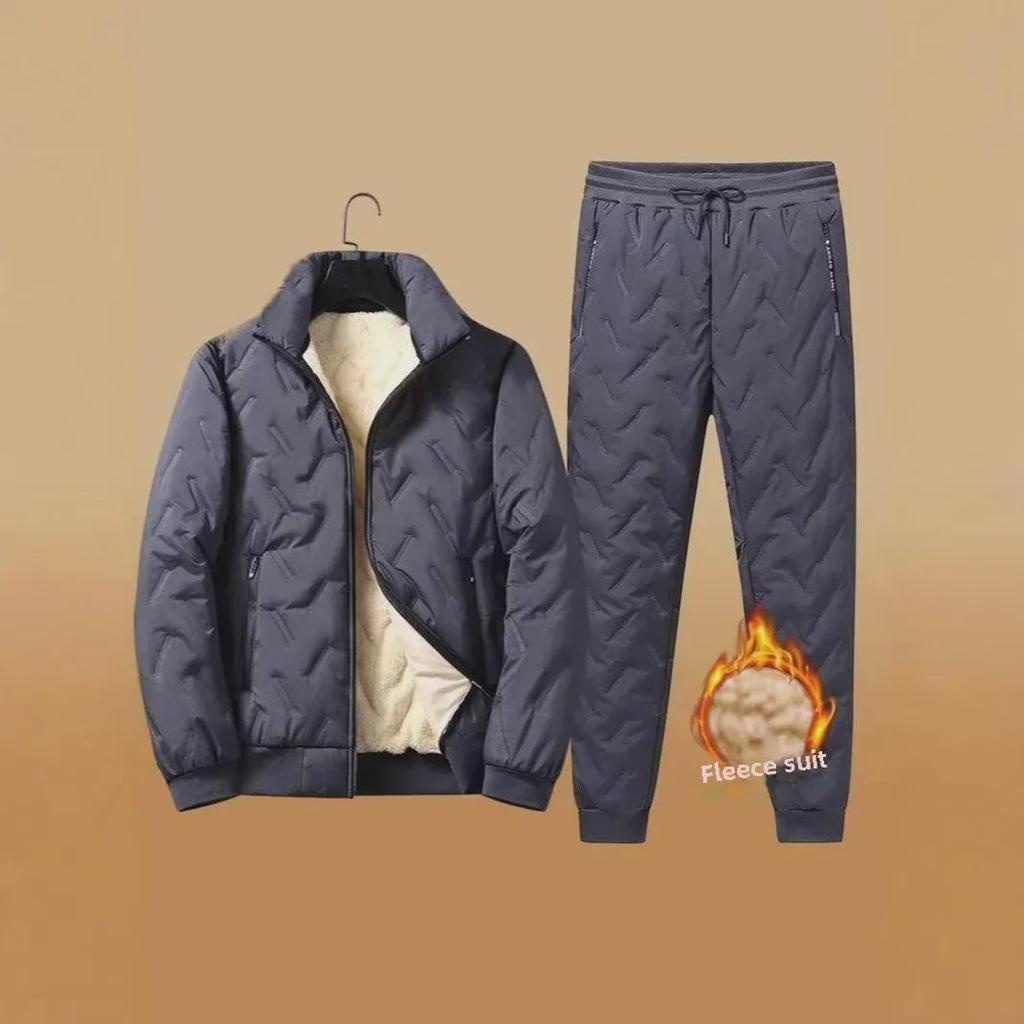 Men's Winter Cotton-Padded Suit: Velvet-Lined, Thickened Stand-Up Collar Lambskin Two-Piece Jacket