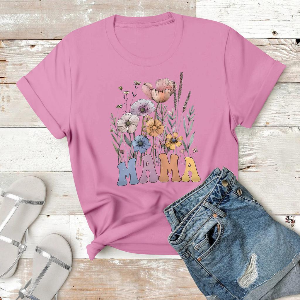 Women's Casual Printed T-Shirt Round Neck Pullover Short Sleeve Top