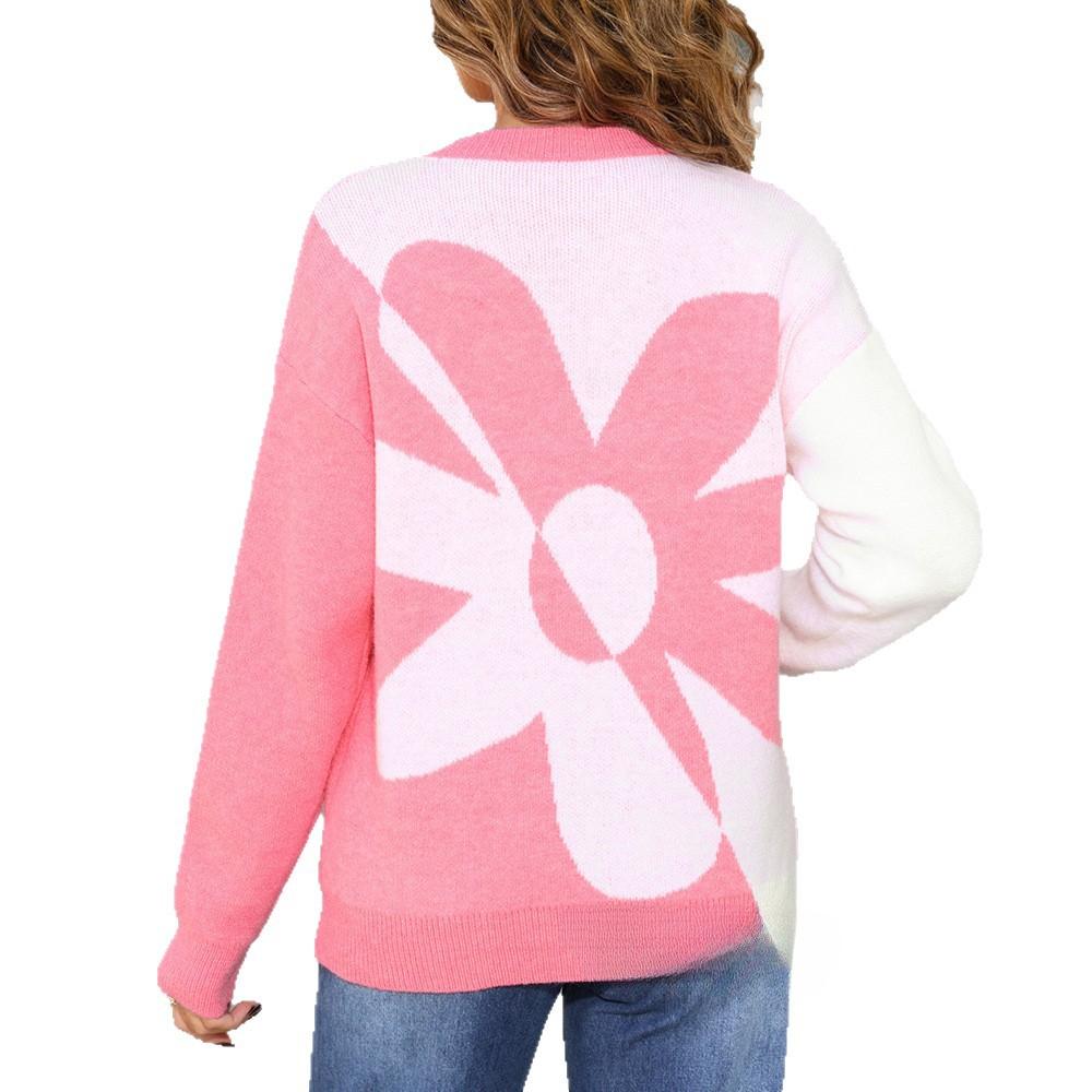 New Large-sized Women's Long-sleeved Floral Patchwork Fashionable and Versatile Knitted Pullover Sweater for Autumn and Winter