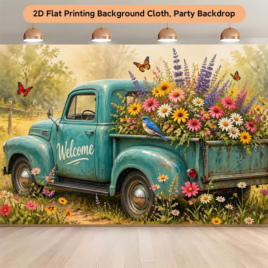 1 piece of 2D flat background cloth, vintage truck with a full load of beautiful flowers as a background, multi-function