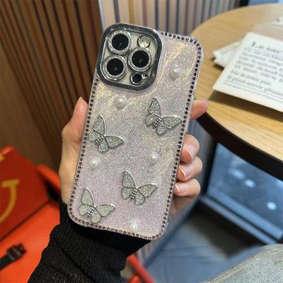 Чехол для мобильного телефона с бабочкой из стразов и жемчуга для Apple 17 Promax, клей, блестящая пудра для IPhone 16, точное отверстие, противоударный, женский