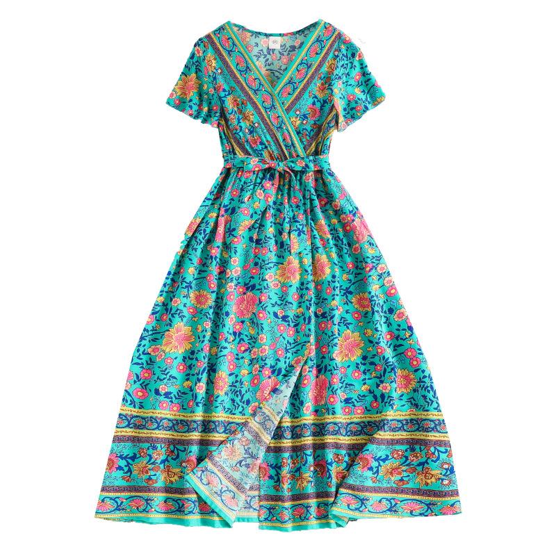 Girls' Fashion Dress 2025 Summer Children's Printed V-neck Loose Short Sleeve Waist Dress