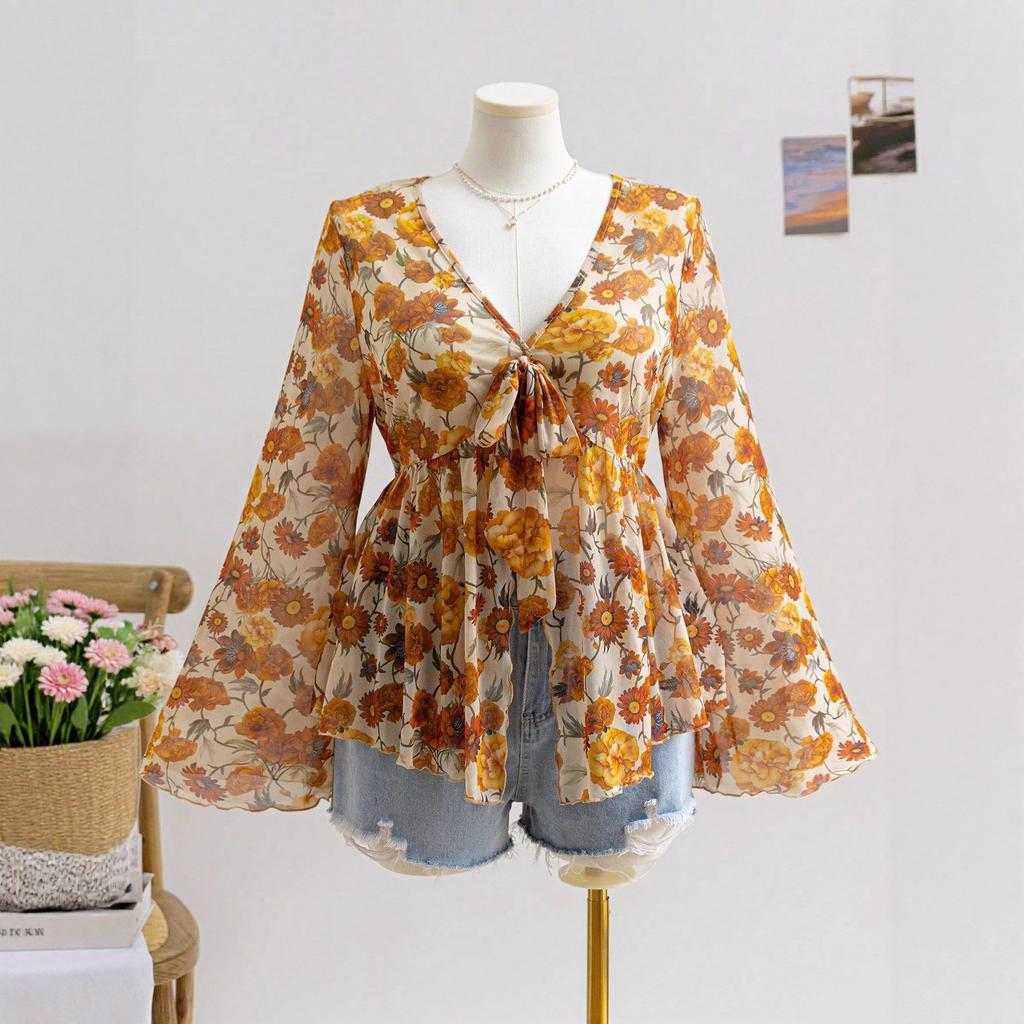 V-neck Printed Vacation-style Women's Flared Sleeve Loose and Flowing Top