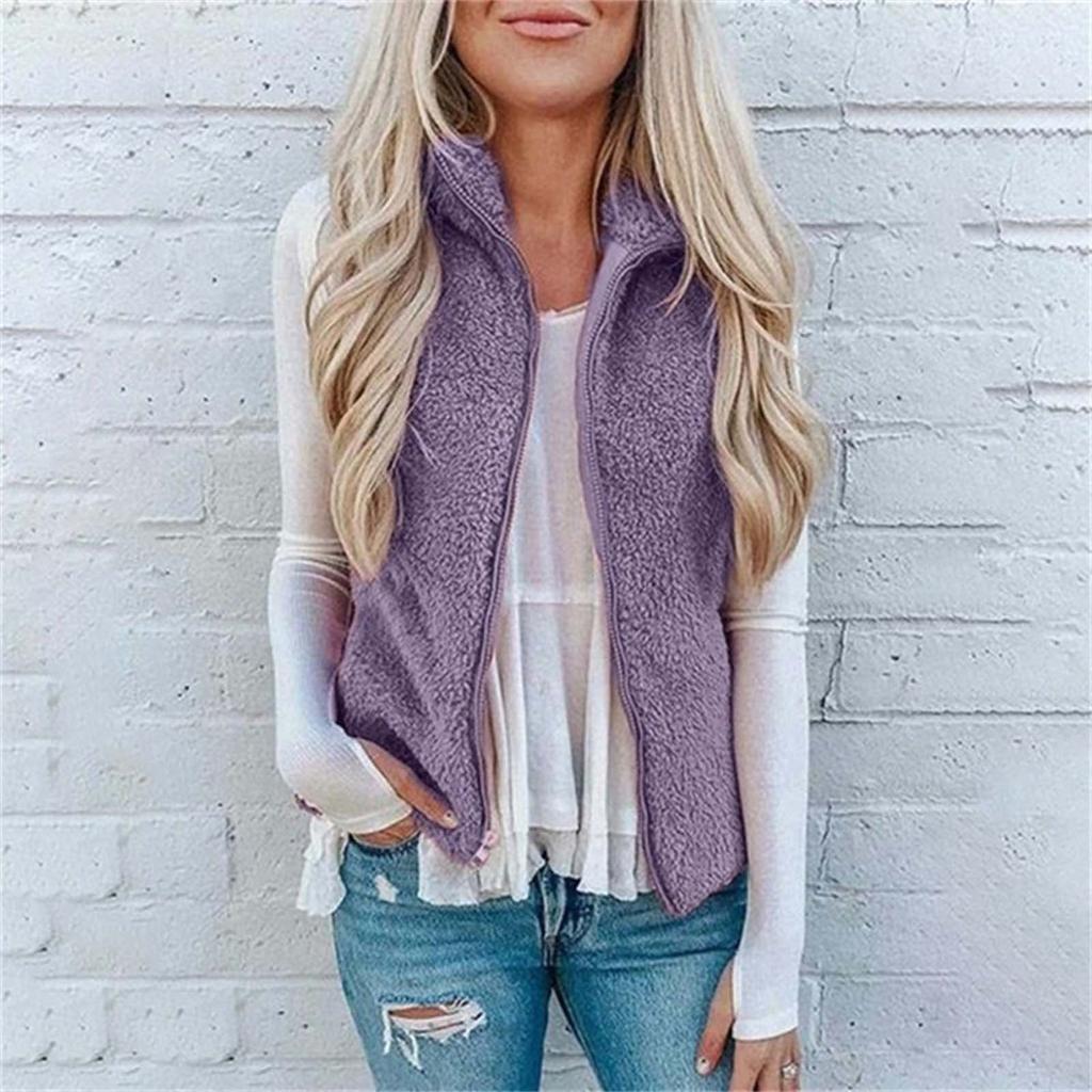 Женское модное однотонное повседневное пальто из плюша с жилетом на молнии