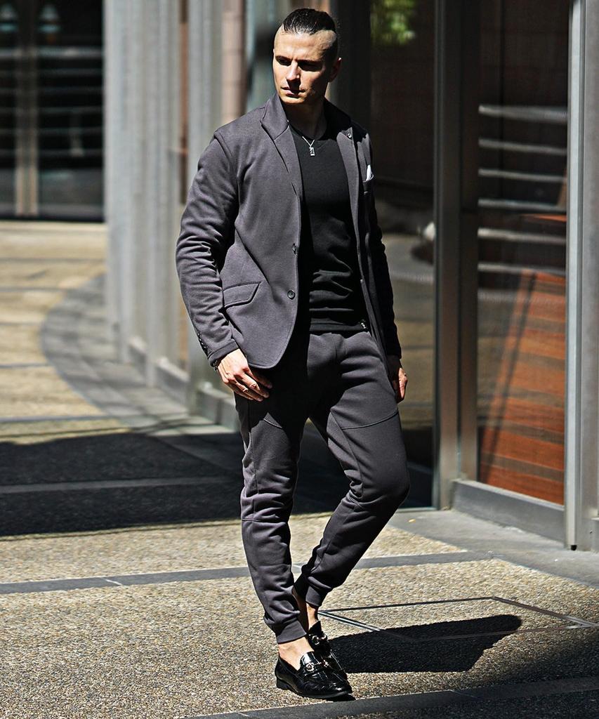 Комплект из толстовки, верха и низа, итальянский воротник, приталенный пиджак, воротник-стойка, узкие спортивные брюки, спортивные штаны Joker XL, угольный [Sam Dif] для мужчин