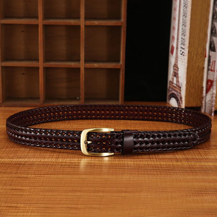 Handmade Woven Leather Belt with Alloy Buckle - Unisex Casual Fashion for Jeans