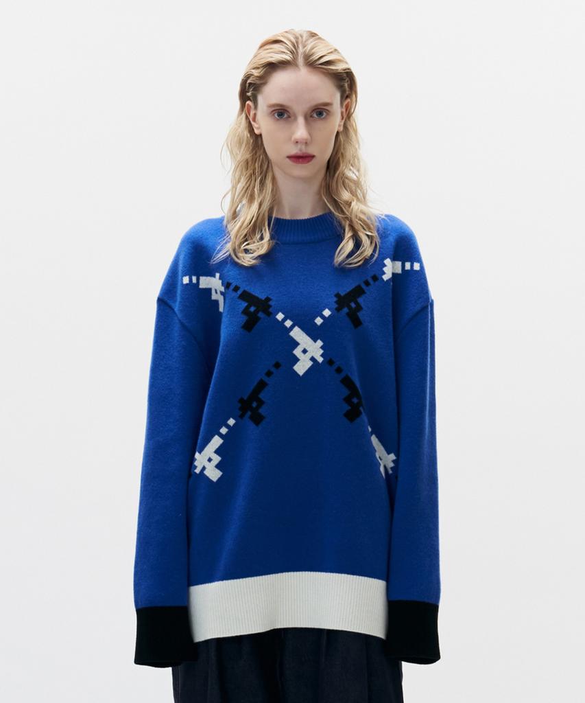 KIMOUI Gun Graphic Kint Sweater (Blue)