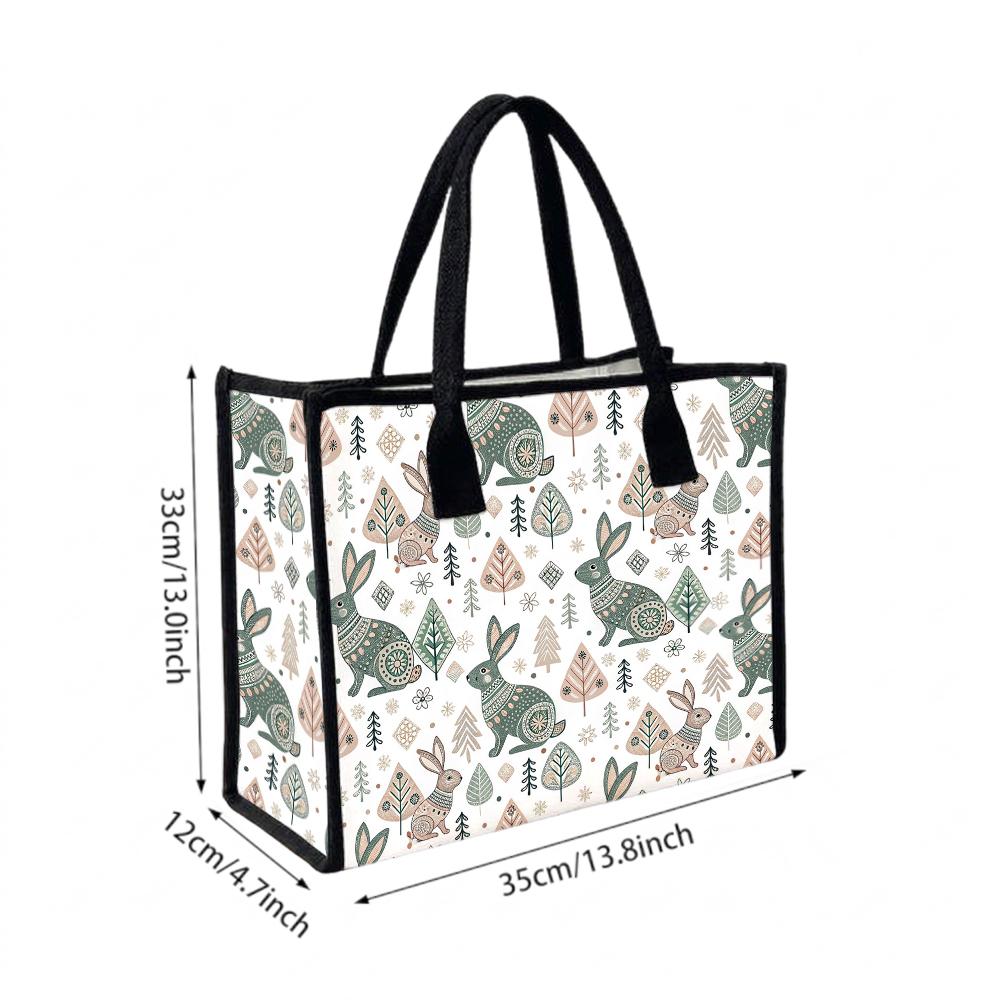 Cute Rabbit Pattern Canvas Tote Bag Daily Use Shopping Handbag Lightweight Portable Casual Carry Bag for Women