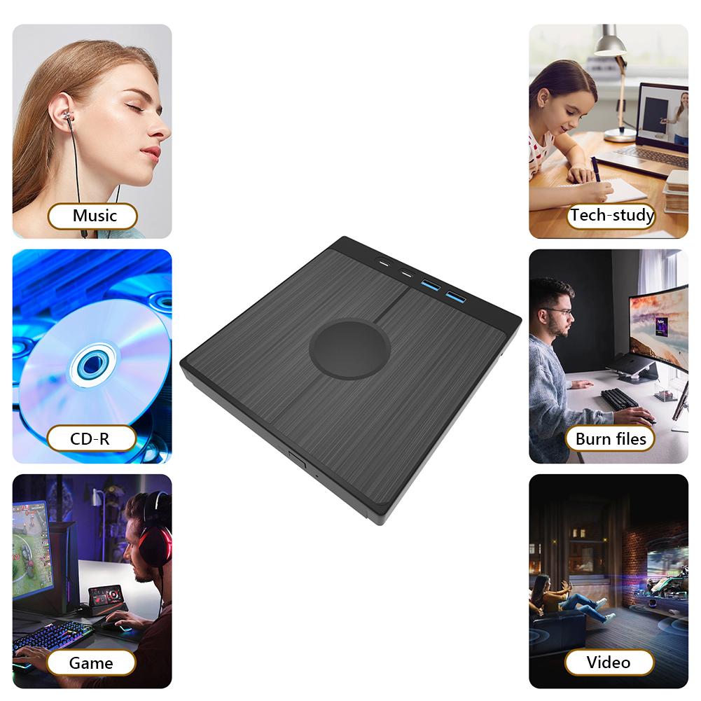 7 In 1 External CD/DVD Drive CD Burner with 2 USB/Type-C Ports USB 3.0 CD/DVD Disk Drive Player Burner Reader Writer for Laptop