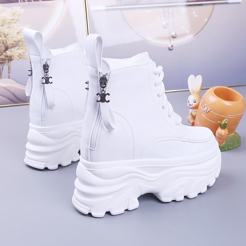 Ботильоны для женщин, новые зимние мотоциклетные ботинки, танкетка 12 см, высокие кожаные туфли на платформе, женские осенние ботинки на толстой подошве