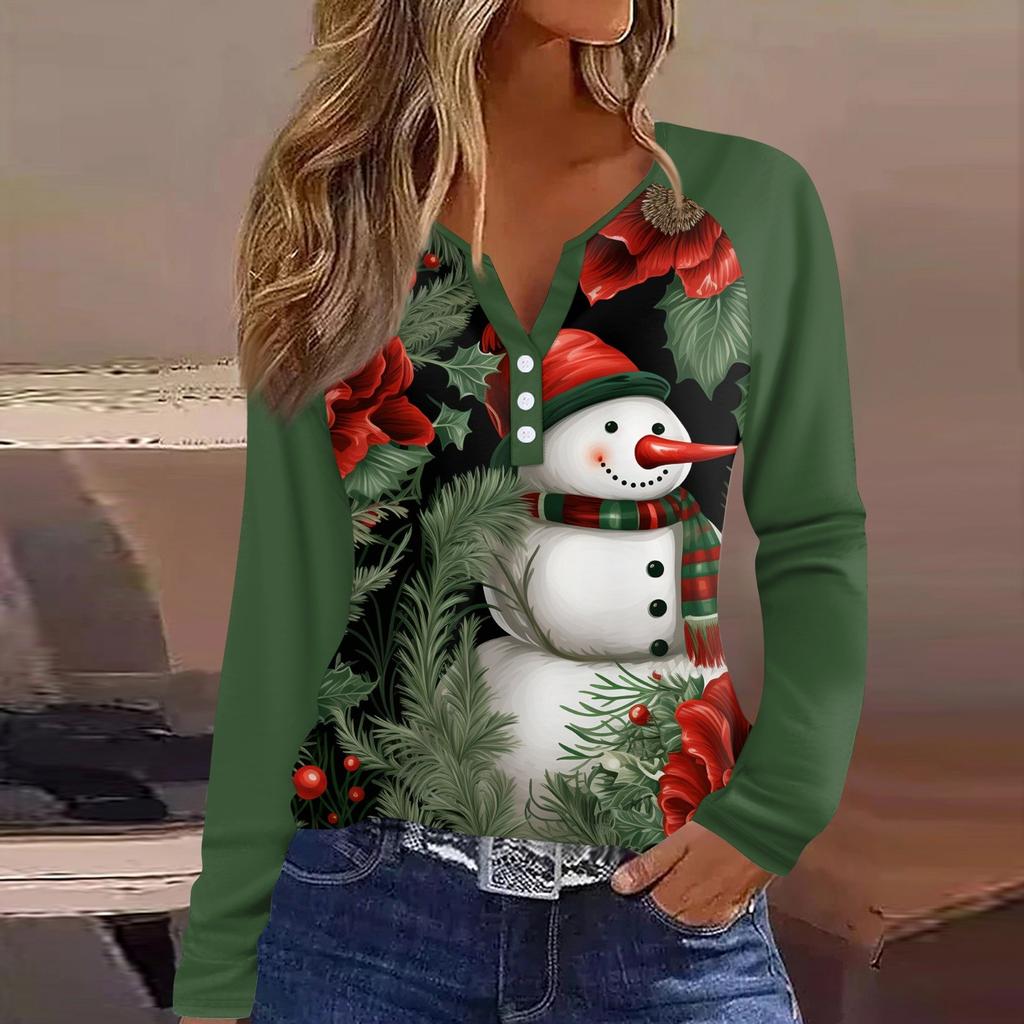 Женская мода повседневная рождественская печать V-образный вырез рукава реглан с декоративными пуговицами длинный рукав футболка топ
