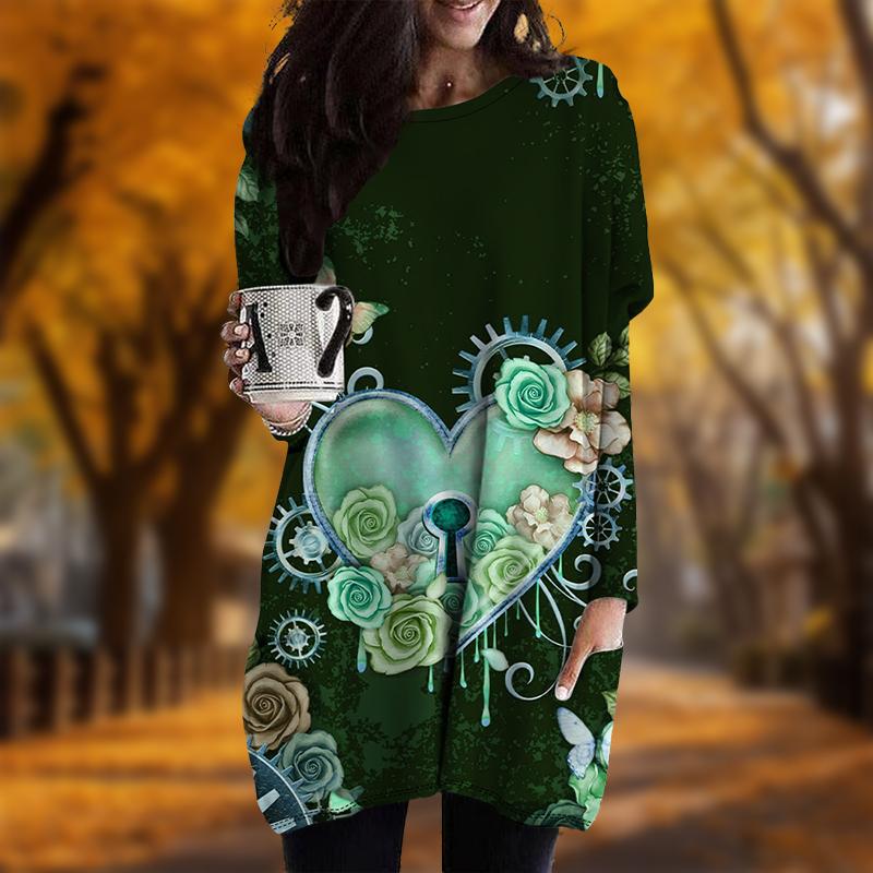 Новинка осени Love Lock Print Plus Size Dress Women O'neck Long Sleeves Casual Pocket Dresses