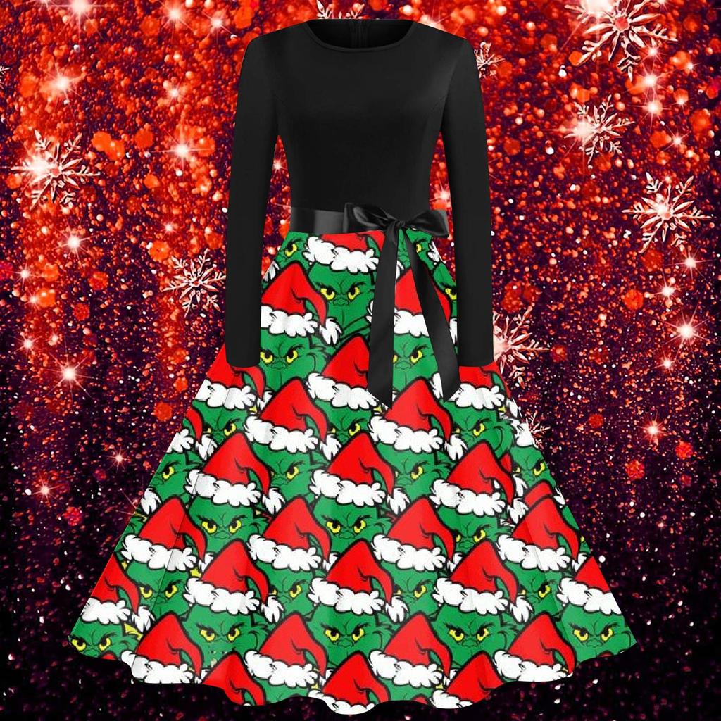 Рождественское расклешенное платье для женщин, платье с длинным рукавом, вечерние повседневные платья