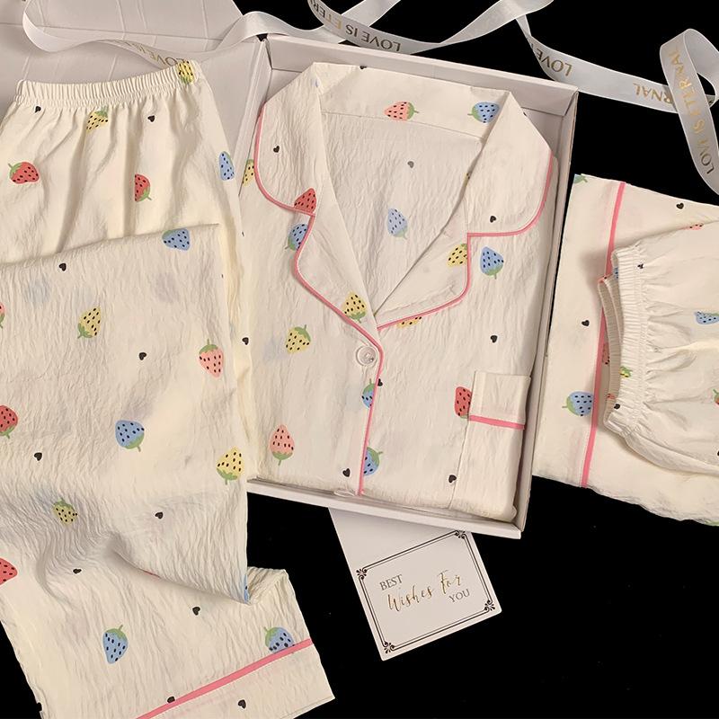 Summer Three-Piece Pajamas Homewear Clouds Cotton Pajamas Girls Short-Sleeved Small Strawberry Casual Pajamas Homewear