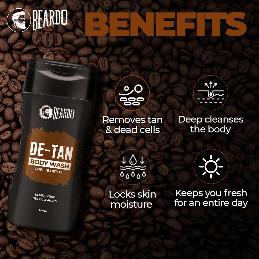 Beardo De-Tan Kit For Men Set of 3 – Face Wash 200ml, Scrub 100ml & Body Wash 200ml for Tan Removal and Hydrated Skin