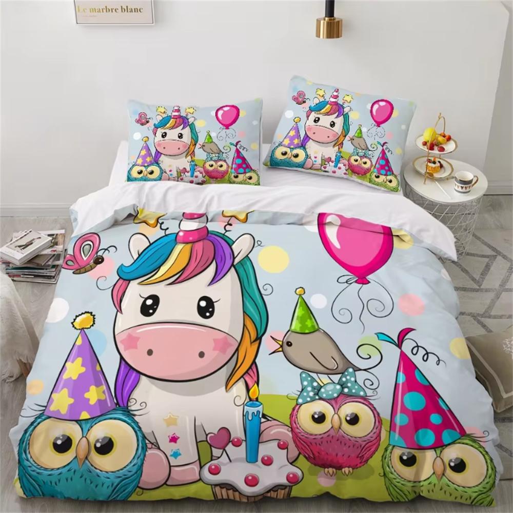 Children Bedding Sets Gifts Unicorn and Colorful Horse Printing Duvet Cover Sets for Kids Girls Boys 2/3 Pcs Single Pink Quilts