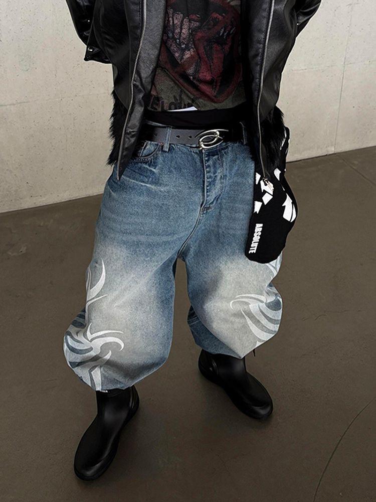 Женские джинсы с высокой талией и широкими штанинами Y2K American Vintage Mottled Totem Print Baggy Jeans, женские джинсы Harajuku Trendy Hip Hop Jeans