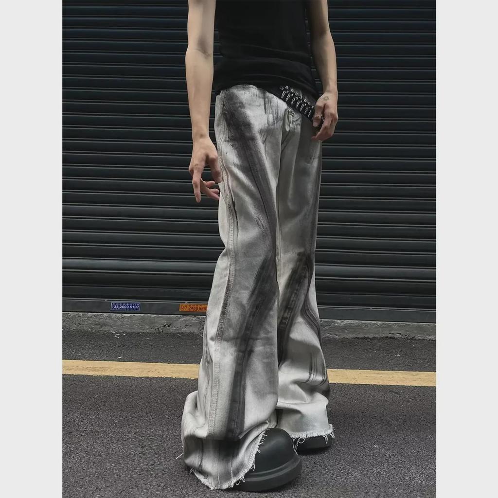 Мужские джинсы-клеш с эффектом потертости в стиле ретро с градиентом - Niche High Street Slim Fit Pants