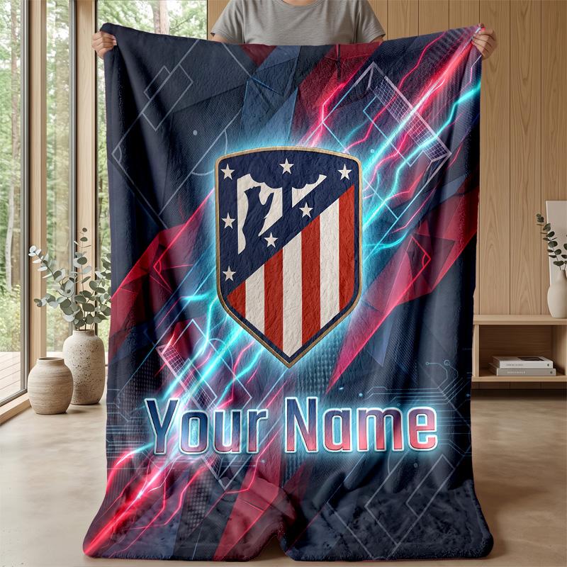 Custom Text Flannel Throw Blanket, Lightweight Cozy Bed Sofa BlanketAtletico Madrid