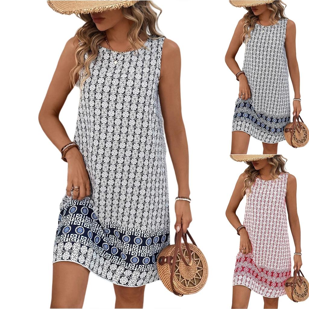 Women's Summer Retro Round Neck Sleeveless Loose Printed Vest Dress