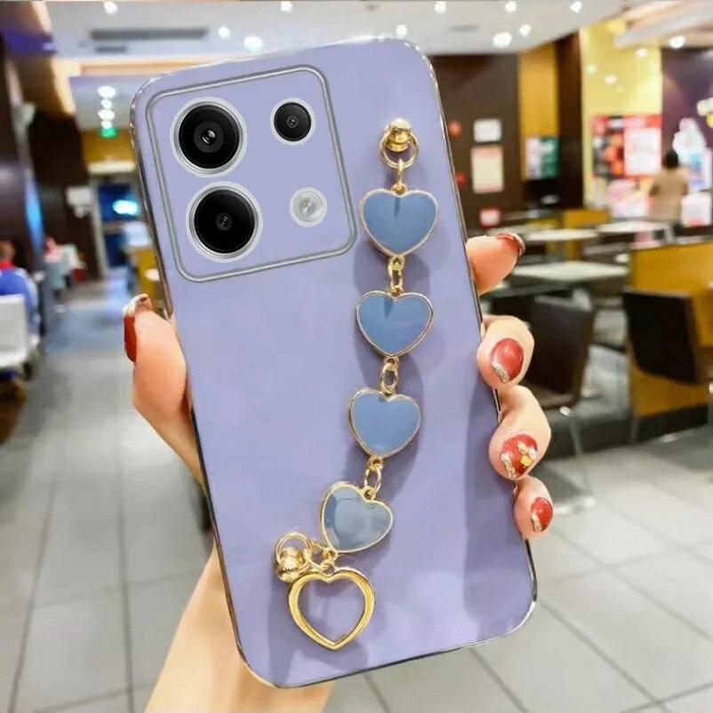 Для POCO X6 Pro M6 Pro чехол с браслетом в форме сердца, чехол с цепочкой на запястье для Xiaomi Mi POCO F5 X5, гальванический противоударный мягкий силиконовый чехол для телефона