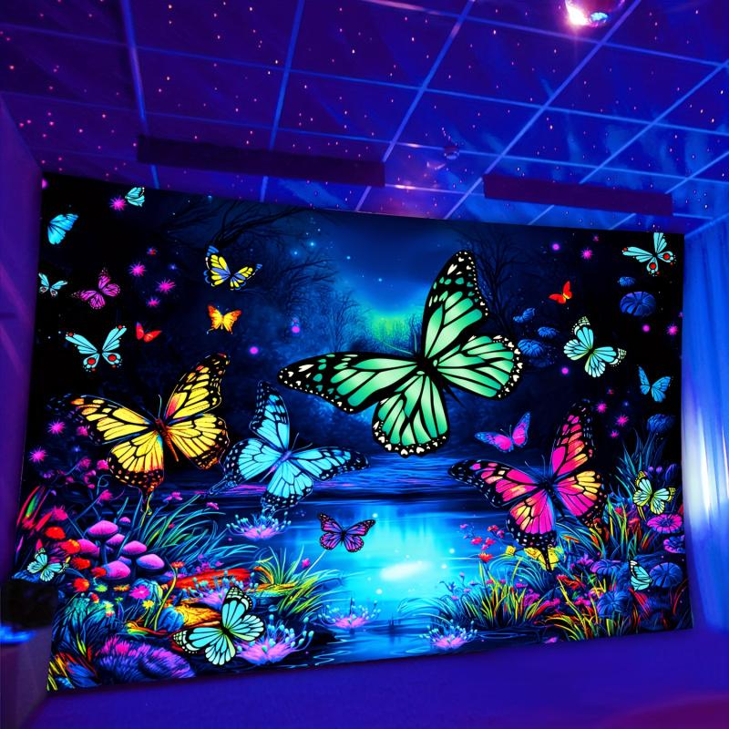 VIKAMA Fluorescent Butterfly Tapestry with Psychedelic Forest Lake for Bedroom Living Room Decor Aesthetic Healing Wall Art