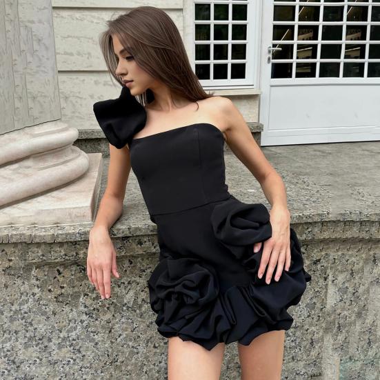 Women Evening Dress One Shoulder Ruffle Flower Decor Slim Waist Sheath Sleeveless Pure Color Backless Bandeau Mini Dress Prom Party Short Dress