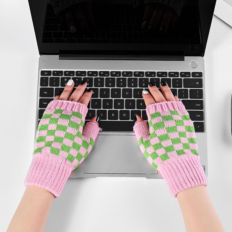 Теплые перчатки трикотажные клетчатые морозостойкие перчатки с половиной пальца для женщин зимние