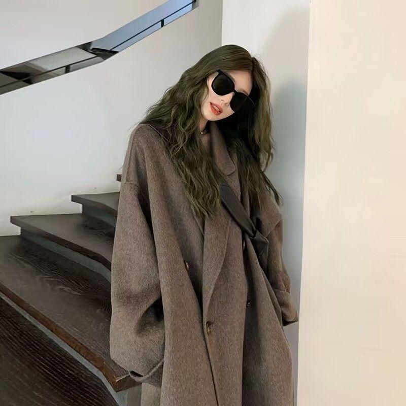 Женское шерстяное пальто средней длины в корейском стиле на осень-зиму, студенческое пальто выше колена, двубортное пальто в стиле кэжуал