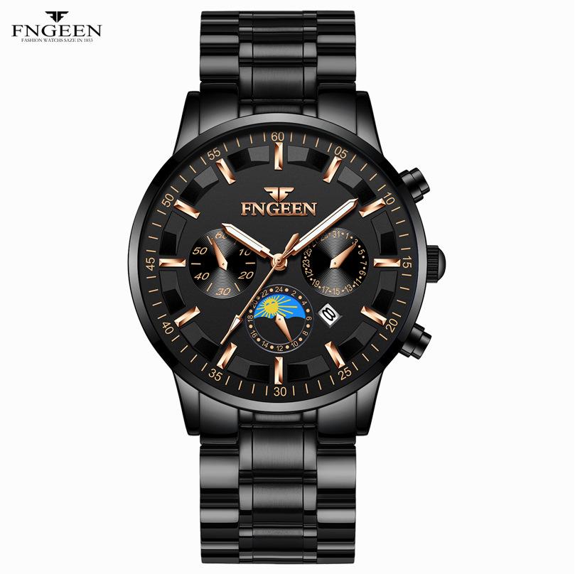 Лучшие брендовые часы, мужские водонепроницаемые трендовые черные часы с ремешком из нержавеющей стали и календарем для мужчин