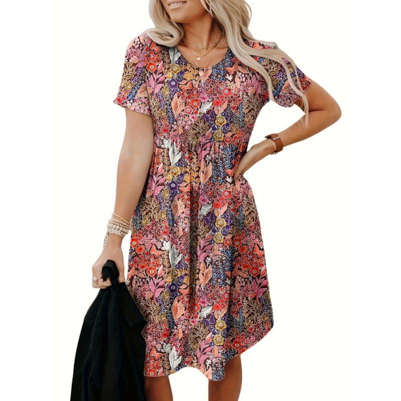 JKASHDK Женская мода лето весна цветочный узор принт с коротким рукавом и круглым вырезом со средней талией повседневные платья