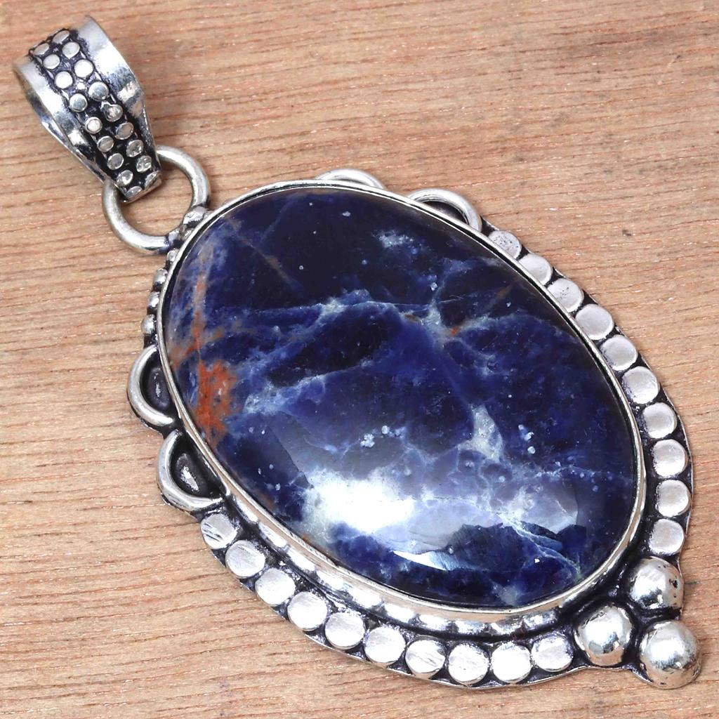 Pendant Blue Sodalite Gemstone Handicraft Valentine'Day Silver Jewelry 2.25"