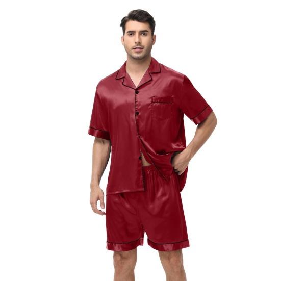 2Pcs/Set Men Pajamas Set Lapel Short Sleeve Single Breasted Tops Elastic Waist Shorts Set Solid Color Satin Sleepwear