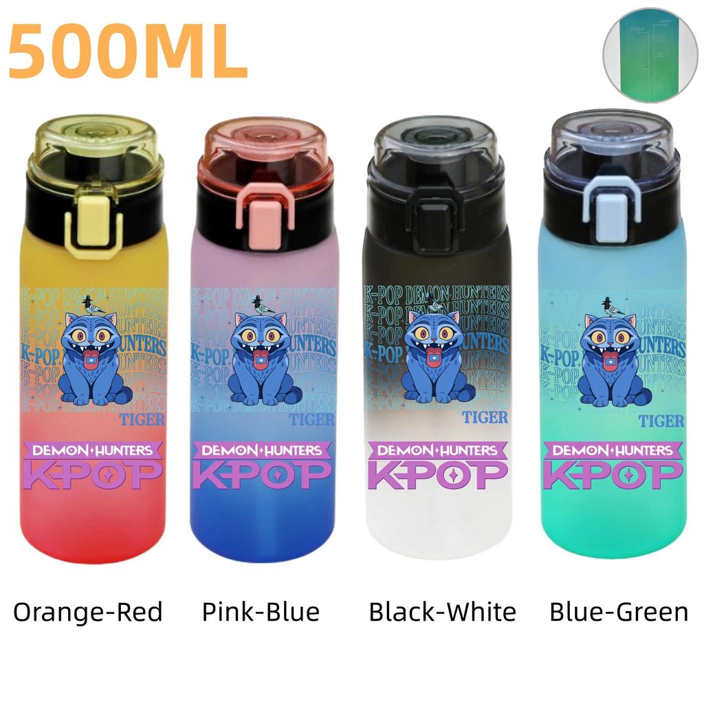 500ML KPop Demon Hunters Plastic Anime Water Cup Has Scale Travel Office Gym Hiking Portable Drink Bottles Outdoor Sport Gifts