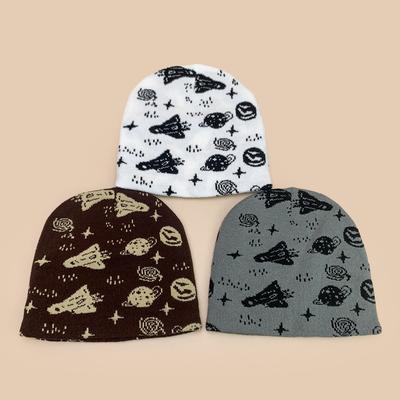 1 шт. Шапка-бини с жаккардовым узором «Ракета Планета», Зимняя теплая хип-хоп личная теплая шапка для головы, Подходит для зимнего активного отдыха, альпинизма, катания на лыжах