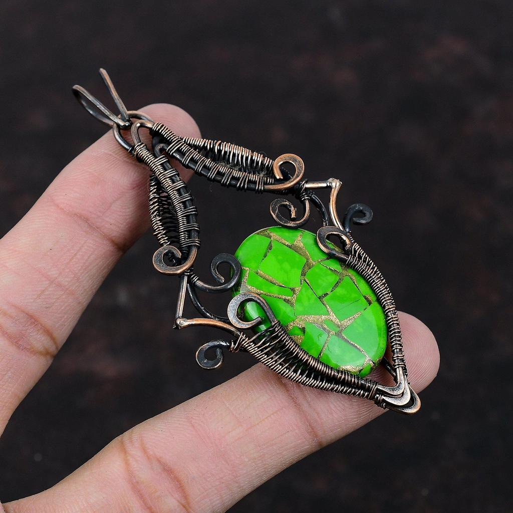 Медный Кулон Бирюзовый Кулон Медный Кулон, Обвитый Проволокой Кулон с Настоящим Драгоценным Камнем Медный Ювелирный Кулон для Подарка Ювелирные Изделия Ручной Работы, Обвитые Проволокой