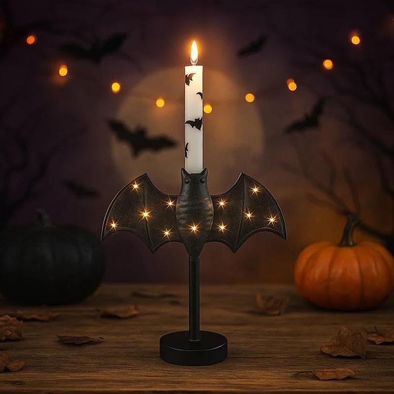 Large Twinkle Bat Candlestick Mystery Gothic Candle Holder Led Twinkle Light Candelabra For Mantel Halloween Decor Party Home