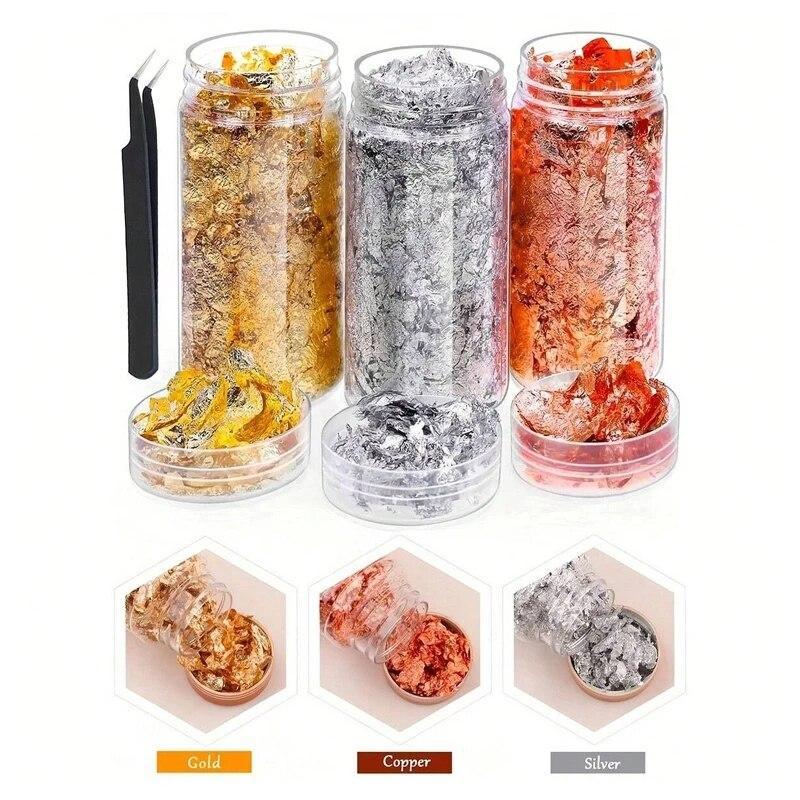 Gold Foil Flakes Set Tweezers 3 Bottles Metallic Foil Flakes for Candle Resin Nails Painting Art Crafts Silver Copper Birthday Gifts