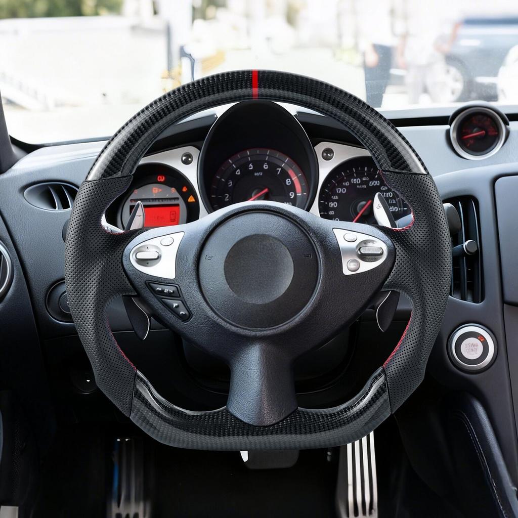 Steering Wheel for 2008-2020 Nissan 370Z, Carbon Fiber Steering Wheel D-Shaped Flat-Bottom, Leather Grip with Non-Slip Texture & Precise Stitching,