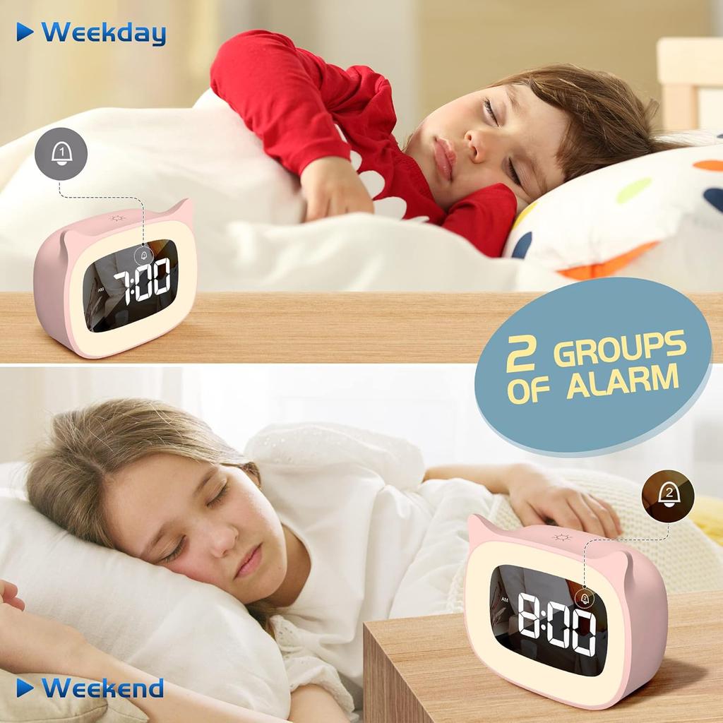 Kids Alarm Clock LED Cartoon Cat Ear Digital Clock Student Bedside with Night Light & 18 Ringtones