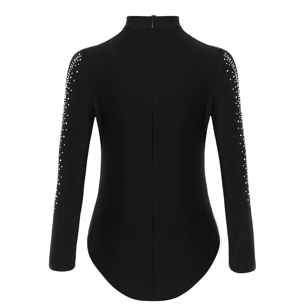 Boys Glittery Rhinestones Dance Leotard Mesh Patchwork Long Sleeve Crisscross Strappy Front Bodysuit for Stage Performance