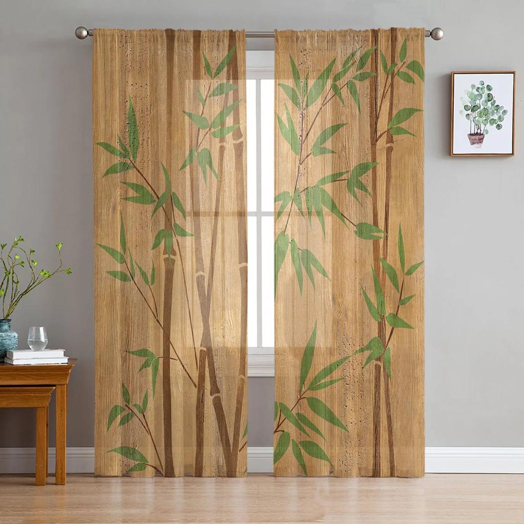 Bamboo Watercolor Painting Tulle Curtains For Living Room Bedroom Voile Curtain Home Decoration Sheer Balcony Door Curtain