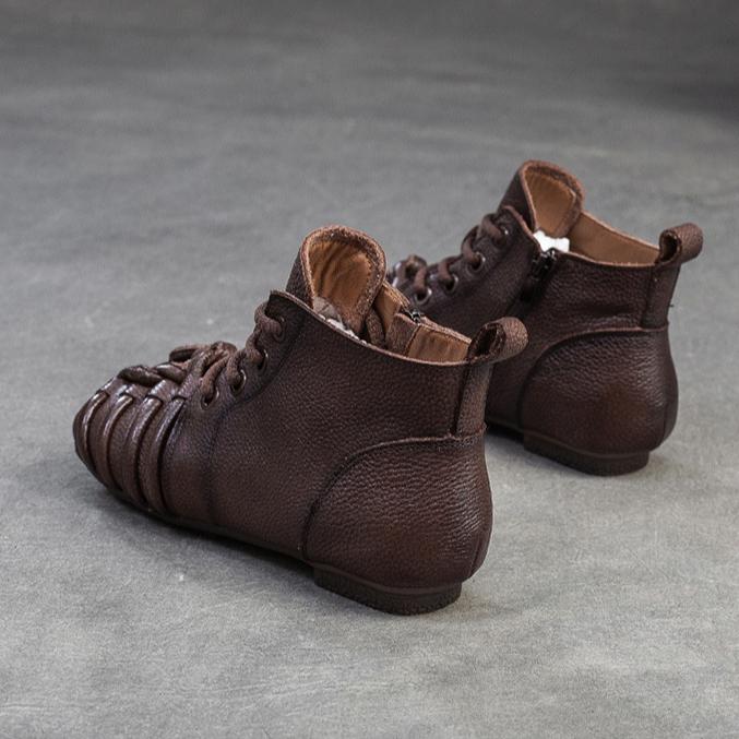 Johnature Retro Short Boots Comfortable Genuine Leather Casual Versatile Woven Women's Shoes
