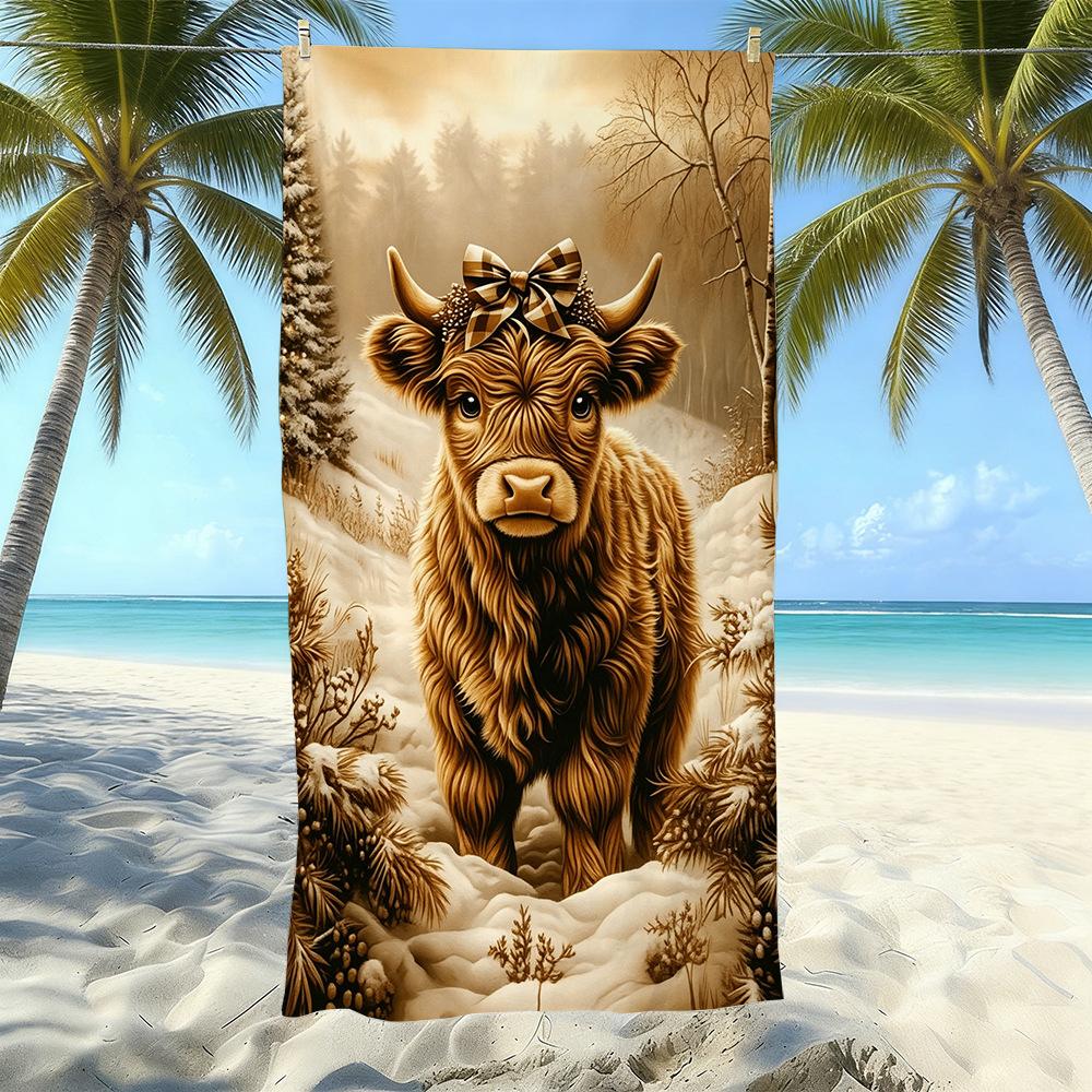 European And American Retro Highland Beef Printing Beach Towel Microfiber Thickened Water Absorption Quick Drying Outdoor Bath Towel