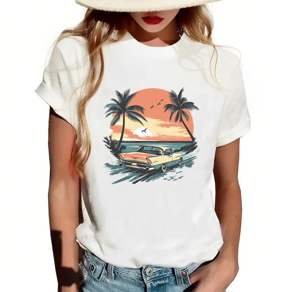 Женская повседневная футболка с круглым вырезом и короткими рукавами с принтом