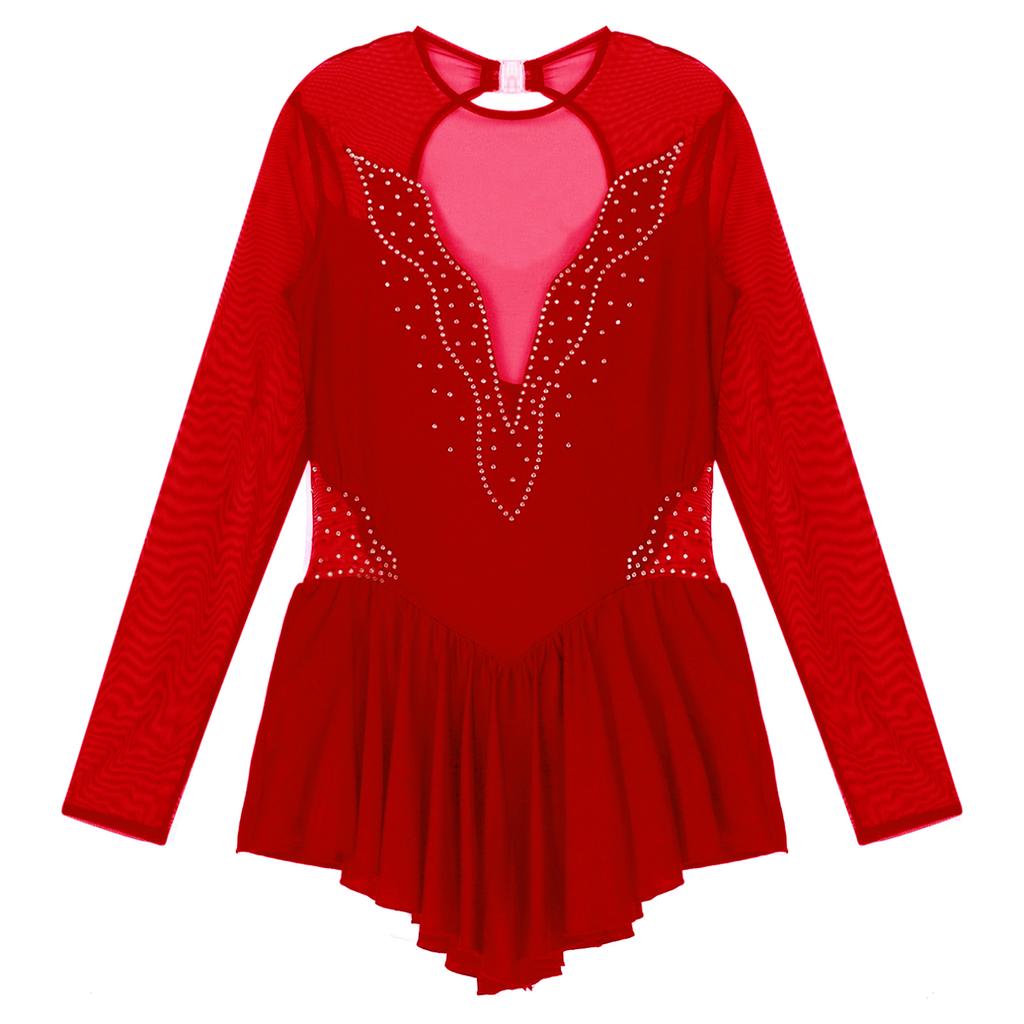 Женское модное платье для фигурного катания, сетчатое лоскутное платье с длинными рукавами и юбкой, купальник для бальных танцев, тренировочный танцевальный костюм