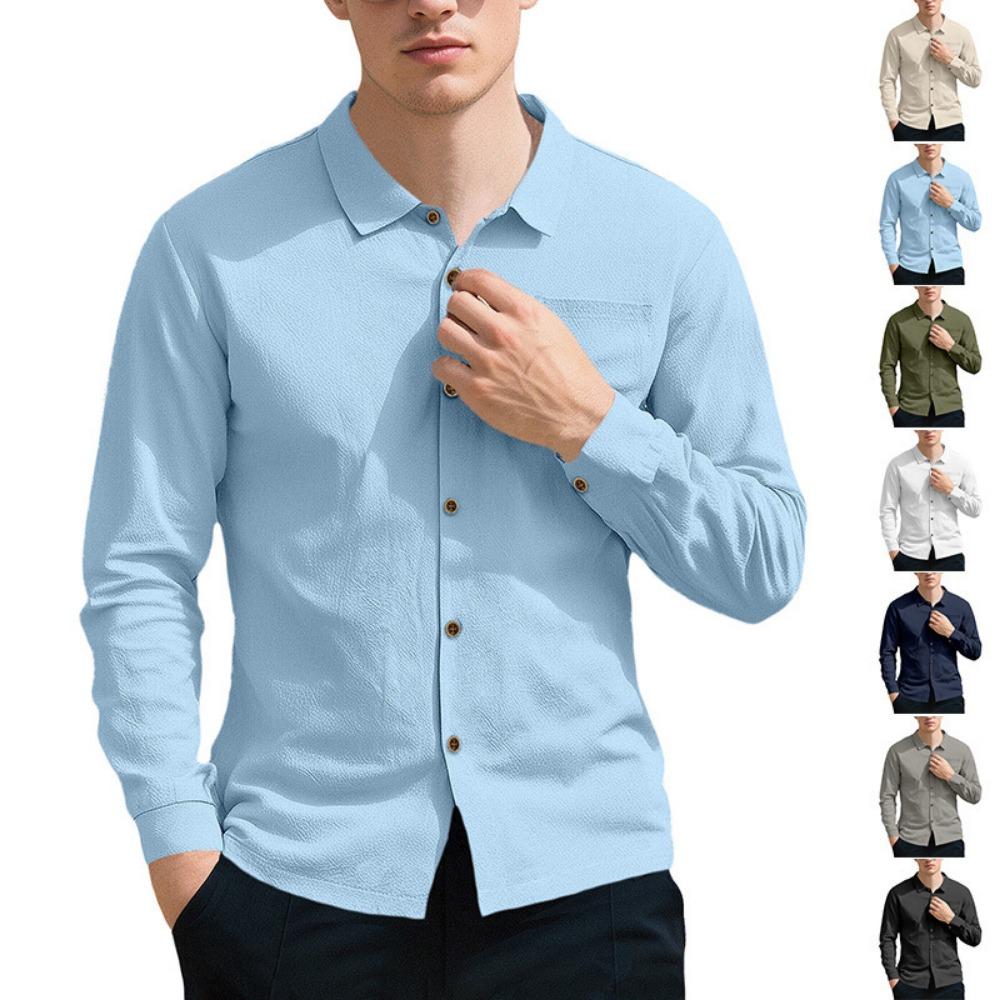 Soft and Comfortable Men's Collar Pocket Solid Color Button Up Cardigan Long Sleeved Linen Top Suitable for Daily Leisure