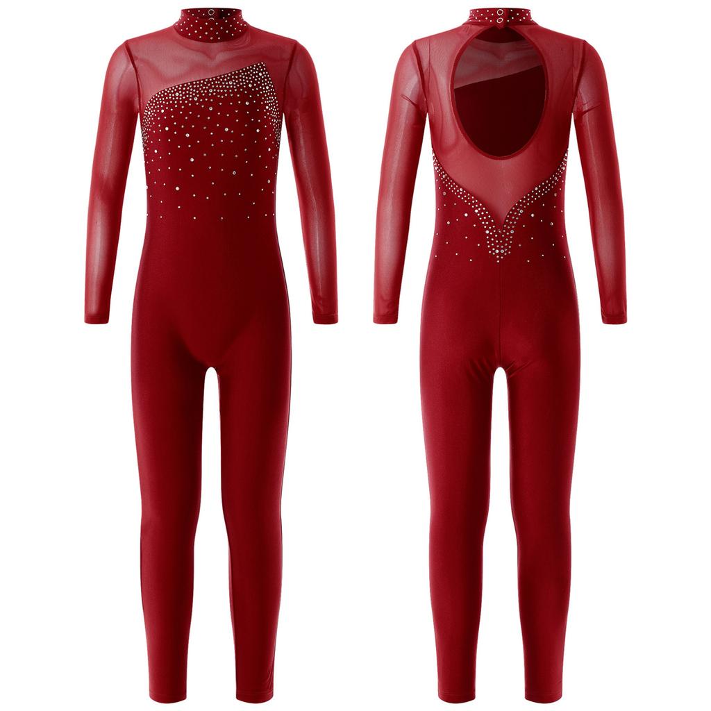Kids Girls Long Sleeve Shiny Rhinestone Hollow Back Skating Leotard One Piece Gymnastic Jumpsuit